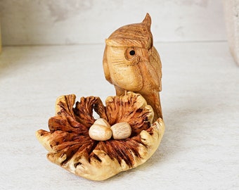 Owl with Nest of Eggs Miniature, Sculpture, Statue, Unique, Personalized Gifts, Wooden Bird, Nursery Decor, Gift for Mother, Holiday Decor