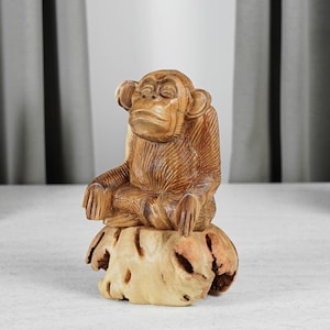 Meditating Monkey Sculpture, Animal, Yoga, Carving, Wooden Base, Meditation Statue, Figurine, Room Decor, Interior Decor, Birthday Gift