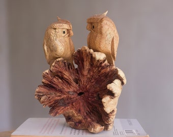 Owl Couple Figurine, Personalized, Wood Carving, Love, Handmade, Burl Wood, Bird Ornament, Nature, Patio Decor, Romantic, Gift for Partner