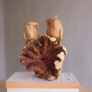 Owl Couple Figurine, Personalized, Wood Carving, Love, Handmade, Burl Wood, Bird Ornament, Nature, Patio Decor, Romantic, Gift for Partner