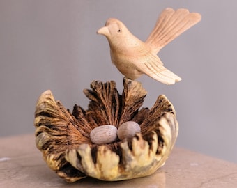 Bird on the Nest Sculpture, Wooden Canary, Egg, Wood Carving, Nature, Figurine, Vintage Decor, Tabletop Decor, Mothers Day Gifts, Birthday