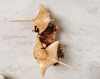 Wanddecoratie met manta, hangend beeldje, paar, muurkunst, houten sculptuur, beeldje, decoratie voor de entree, cadeau voor duiker