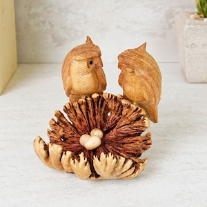 Wooden Owl on the Nest Decor, Bird Love Sculpture, Wood Carving, Couple Figurine, Ornament, Wedding Gift, Room Decor, Unique Gift for Mom