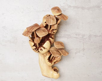 Hongos de madera para decoración de pared, estatua, arte mural, figura colgante, tallado en madera, escultura, decoración del hogar