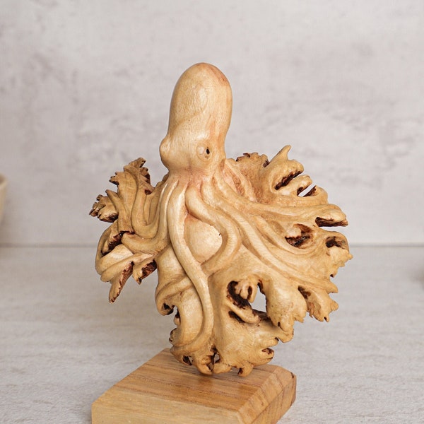 Sculpture de pieuvre en bois, statue personnalisée, oeuvre d'art, sculpture sur bois, créature marine, marin, décoration de chambre, ornement, décoration d'intérieur, cadeaux pour la fête des mères