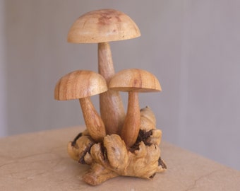 Toadstool Mushrooms Sculpture, Unique Figurine, Wooden Statue, Wood Carving, Living Room Decor, Handmade, Home Decoration, Gift for Mom