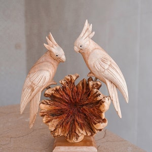 Wooden Parrot Sculpture, Couple, love, Figurine, Cockatoo, Handmade Statue, Wood Carving, Art, Bird Statue, Wooden Art Piece, Unique Gifts