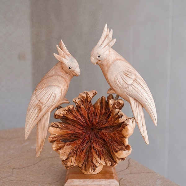 Wooden Parrot Sculpture, Couple, love, Figurine, Cockatoo, Indoor Statue, Wood Carving, Art, Bird, Wooden Art Piece, Mothers Day Gifts