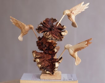 Wooden Hummingbirds Sculpture, Three Bird Statue, Wood Carving, Colibri Ornament, Handmade Decor, Rustic Statue, Wife Gift, Gift for Mother