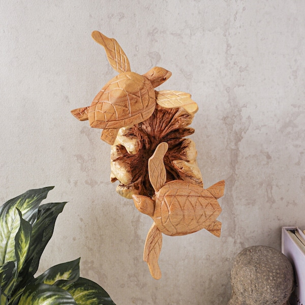 Statue de tortue à accrocher au mur, oeuvre d'art, sculpture en bois, nature, couple, récif de corail, décoration de salon, cadeau de pendaison de crémaillère, décoration murale, cadeau maman