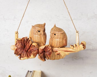 Hanging Wooden Owl, Wood Carving, Couple Figurine ,Handmade, Bird Ornament, Nature, Patio Decor, Gift for Partner, Wedding Gift, Fall Decor