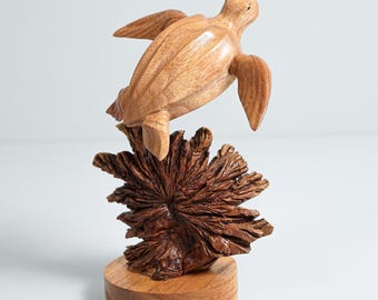 Hand Carved Leatherback Sea Turtle Sculpture, Parasite Wood Base, Ocean Coastal Art