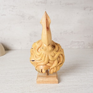 Unique Squid Sculpture, Ocean, Sea Creature, Nautical, Statue, Wood Carving, Ornament, Art, Housewarming, Gift for Him, Memorial Gift