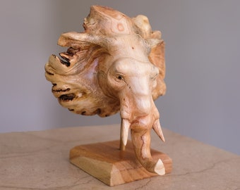 Escultura de cabeza de elefante de madera, estatua personalizada, talla de madera, colmillo, figura de animal africano, arte, hogar, decoración de safari, regalos del Día de las Madres