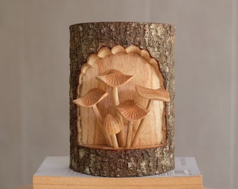 Sculpture de champignons sauvages, art sur écorce d'arbre, statue en bois, exotique, sculpté à la main, tropical, cadeau pour maman, amateur de champignons, cadeau pour elle, anniversaire