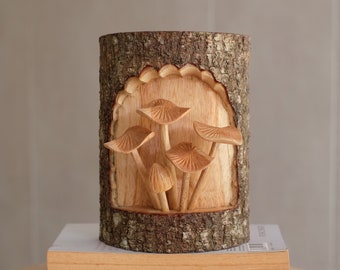 Wild Mushrooms Sculpture, Tree Bark Art, Wooden Statue, Exotic, Hand Carved, Tropical, Gift for Mom, Mushroom Lover, Gift for Her, Birthday