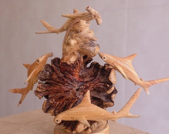 Hammerhead Shark Family Sculpture, Coral Reef Statue, Art, Wood Carving, Wooden Fish Figurine, Home Decor, Family Decor, Housewarming Gift