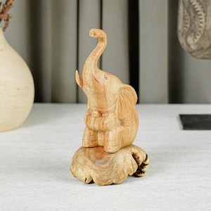 Sitting Elephant Decor, Mammal Statue, Handicraft, Wood Carving, Tusk, African Animal Figurine, Home, Reading Nook Decor, Gift for Her