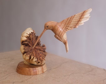 Wooden Hummingbird Feeding on a Flower, Handmade Sculpture, Wood Carving, Bird Statue, Colibri, Table Decor, Boho, Wedding Gift, Birthday