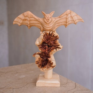 Wooden Bat Sculpture, Wood Carving, Unique Statue, Bat lover, Animal, Rustic, Ornament, Cottagecore, Exotic, Housewarming, Healing Gift