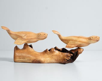Handcrafted Jempinis Wood Sea Lion Sculpture, Unique Parasite Wood Base, Ocean Animal Decor