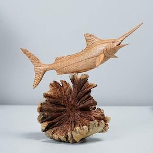 Wooden Marlin Sculpture, Swimming, Fish Statue, Art, Wood Carving, Ocean, Figurine, Unique Decor, Nautical, Gift for Wife, Handmade Art