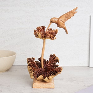 Hummingbird Feeding on a Flower, Art, Wood Carving, Figurine, Wooden Bird Statue, Sculpture, Colibri, Unique, Shelf Decor, Best Friend Gift