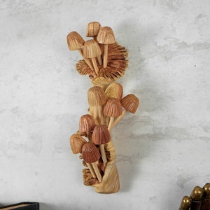 Wooden Mushrooms on Tree Wall Decor, Wall Art, Wood Figurine, Hand Carved, Floral, Sculpture, Handmade Decor, Gift for Him, Birthday Gift