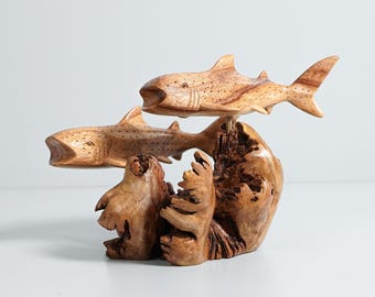 Handcrafted Couple Whale Shark Wood Sculpture, Parasite Wood Figurine, Coastal Decor