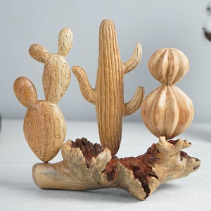 Wooden Cactus Sculpture, 7.5&quot; Statue, Couple, Succulent Plant, Botanical, Mediterranean, Miniature,  Kitchen Decor, Wife Gift, Christmas