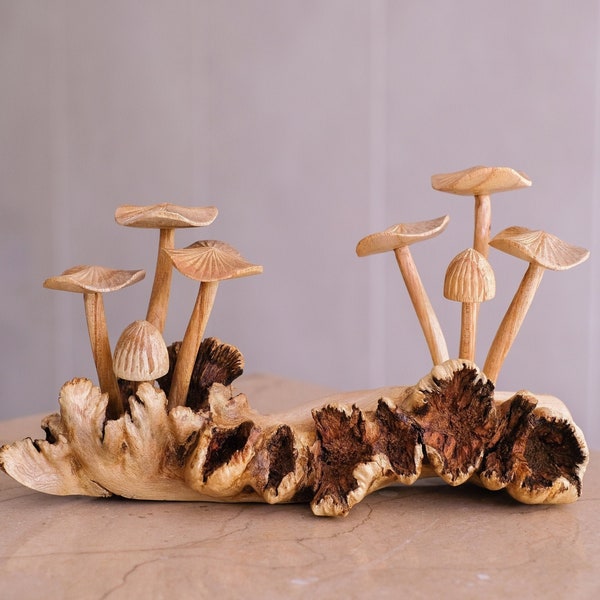Wooden Mushroom Sculpture, Forest Statue, Nature, Wood Carving, Unique Figurine, Home Decor, Handmade Art, Birthday Gift, Gifts for Her, Mom