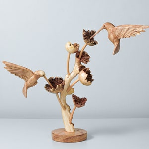 Wooden Hummingbird Couple Sculpture, Birds Feeding on Flowers, Figurine, Colibri Statue, Wood Carving, Housewarming, Anniversary Gift, Art