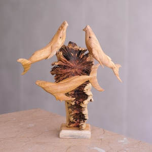 Escultura de ballena jorobada, Familia, Vida marina, Estatua exótica, Figura de madera, Talla de madera de mamífero, Decoración del hogar, Decoración familiar, Idea de regalo, Océano
