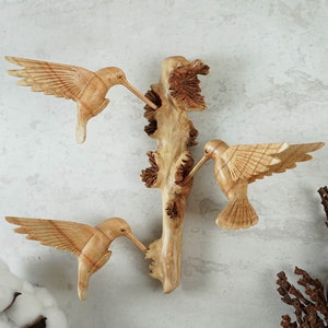 Wood Wall Art Hummingbirds from Bali, Unique Wood, Three Birds, Hanging Wooden Colibri, Handmade, Sculpture, Home Decor, Memorial Gift