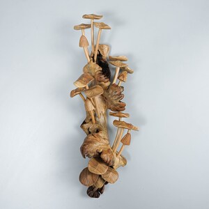 May include: A vertical wooden sculpture featuring a cluster of carved light brown mushrooms growing from a textured, gnarled piece of driftwood. The mushrooms have thin, slender stems and flat, circular caps with visible radial lines.