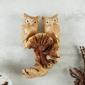 Hanging Wooden Owl, Romantic, Wood Carving, Couple Figurine, Handmade Decor, Bird Ornament, Gift for Wife, Engagement Gift, Special Gift