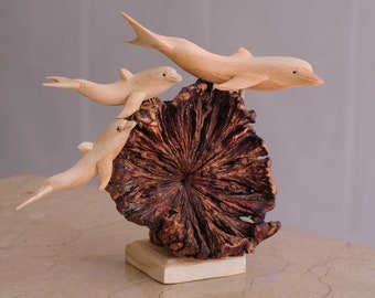 Wooden Dolphin Family Sculpture, Parasite Wood Statue, Figurine, Unique Art, Gift for Mom