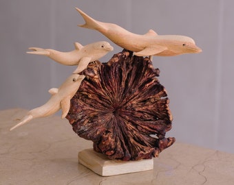 Wooden Dolphin Family Sculpture, Parasite Wood Statue, Figurine, Anniversary Gift, Burl Wood, Family Decor, Unique Decor, Gift for Her