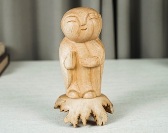 Wooden Jizo Statue, Natural Piece, Buddha Sculpture, Wood Figurine, Meditation, Unique Ornament, Office Decor, Memorial Gift, Birthday Gift