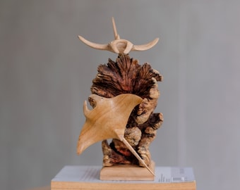 Wooden Manta Ray Couple Sculpture, Art Piece, Exotic, Figurine, Fish Statue, Marine Life, Shelf Decor, Coral Reef, Personalized, Couple Gift