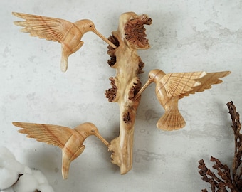 Wood Wall Art Hummingbirds from Bali, Unique Wood, Three Birds, Hanging Wooden Colibri, Handmade, Sculpture, Home Decor, Memorial Gift