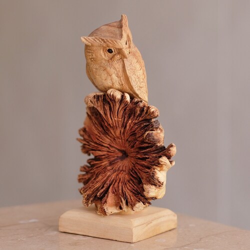 Hand Carved Wooden Owl Couple Figurine Wooden Love Bird Wood Sculpture Statue 9" 