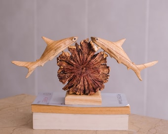 Personalized Statue, Wooden Hammerhead Shark Duo Sculpture, Couple, Coral, Hand Carved Wood Carving, Fish Figurine, Anniversary Gift