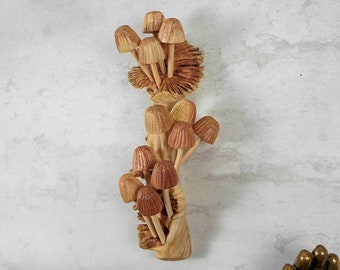 Decorazione da parete con funghi in legno su albero, arte murale, statuetta in legno, intagliata a mano, scultura, decorazione fatta a mano