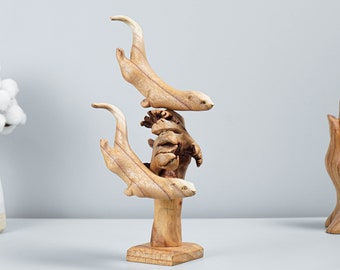 Wooden Otter Sculpture, Wedding, Couple Art, Swimming, Natural, Apartment Decoration, Home Decor, Wedding Gift, Christmas Ornament