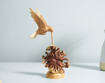 Hummingbird flying on flower, Wooden Sculpture, Handmade, Wood Carving Figurine, Bird Statue, Colibri, Floral Decor, Gift for Girlfriend