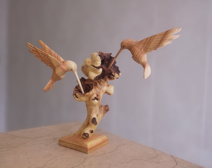 Wooden Hummingbird Couple Sculpture, Wood Carving, Bird Statue, Handmade Decor, Rustic, Unique, Wedding Decor
