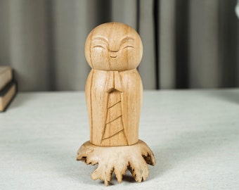 Wooden Jizo Statue, Japanese Buddha Sculpture, Wood Figurine, Meditation, Unique Ornament, Office Decor, Wood Carving, Gift for Her