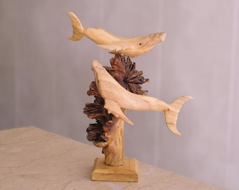 Wooden Whale Statue, Couple, Hand Carved, Humpback Whale Sculpture, Animal Figurine, Wood Carving, Nautical Decor, Art Objects, Christmas