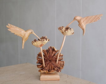 Hummingbird Feeding on a Flower, Couple, Wooden Bird Statue, Sculpture, Figurine, Colibri, Desk Decor, Art, Anniversary Gift, Christmas Gift